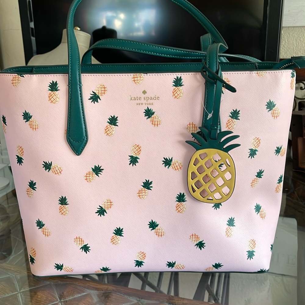 kate spade Pink Pineapple Print Tote Bag with Green Trim